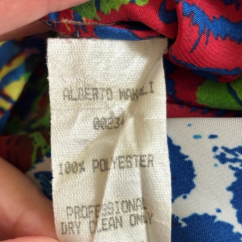 Alberto Makali Colorful Animal Print Patch Blouse Sz M Ruffle Back - Picture 9 of 10